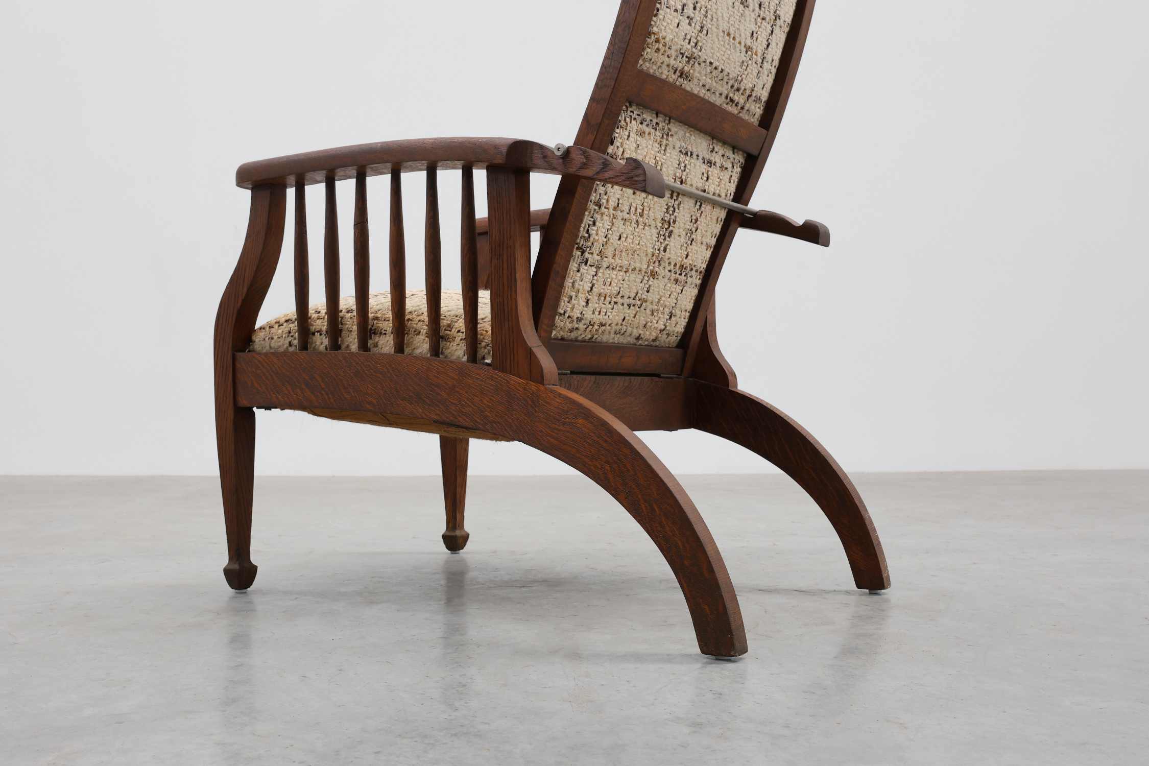 Arts & Craft oak armchair with spindle sides and tweed upholstery, Belgium, 1920sthumbnail